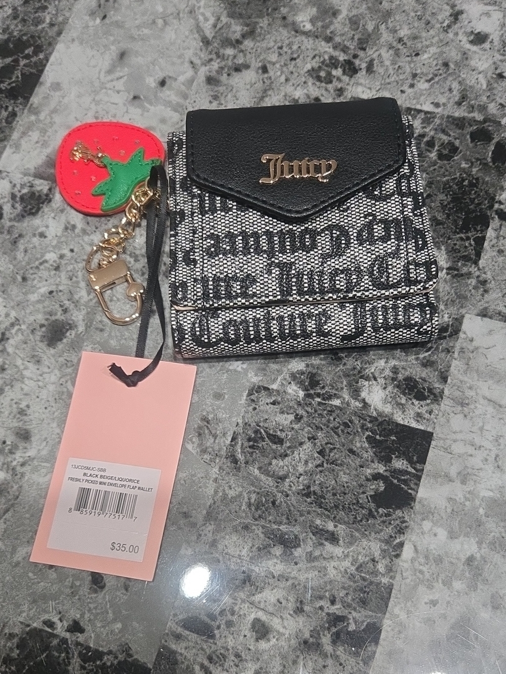 Juicy Couture Black & White Logo Mini Wallet with Red Strawberry Charm